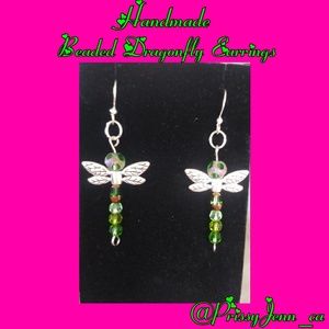 Handmade Green Beaded Dragonfly Earrings